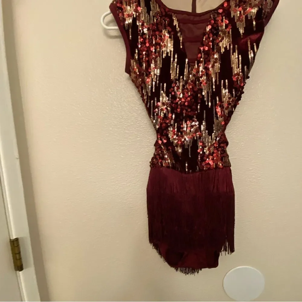 WEISSMAN Elite Dance Costume burgundy red sequin fringe Belong D13198 SA